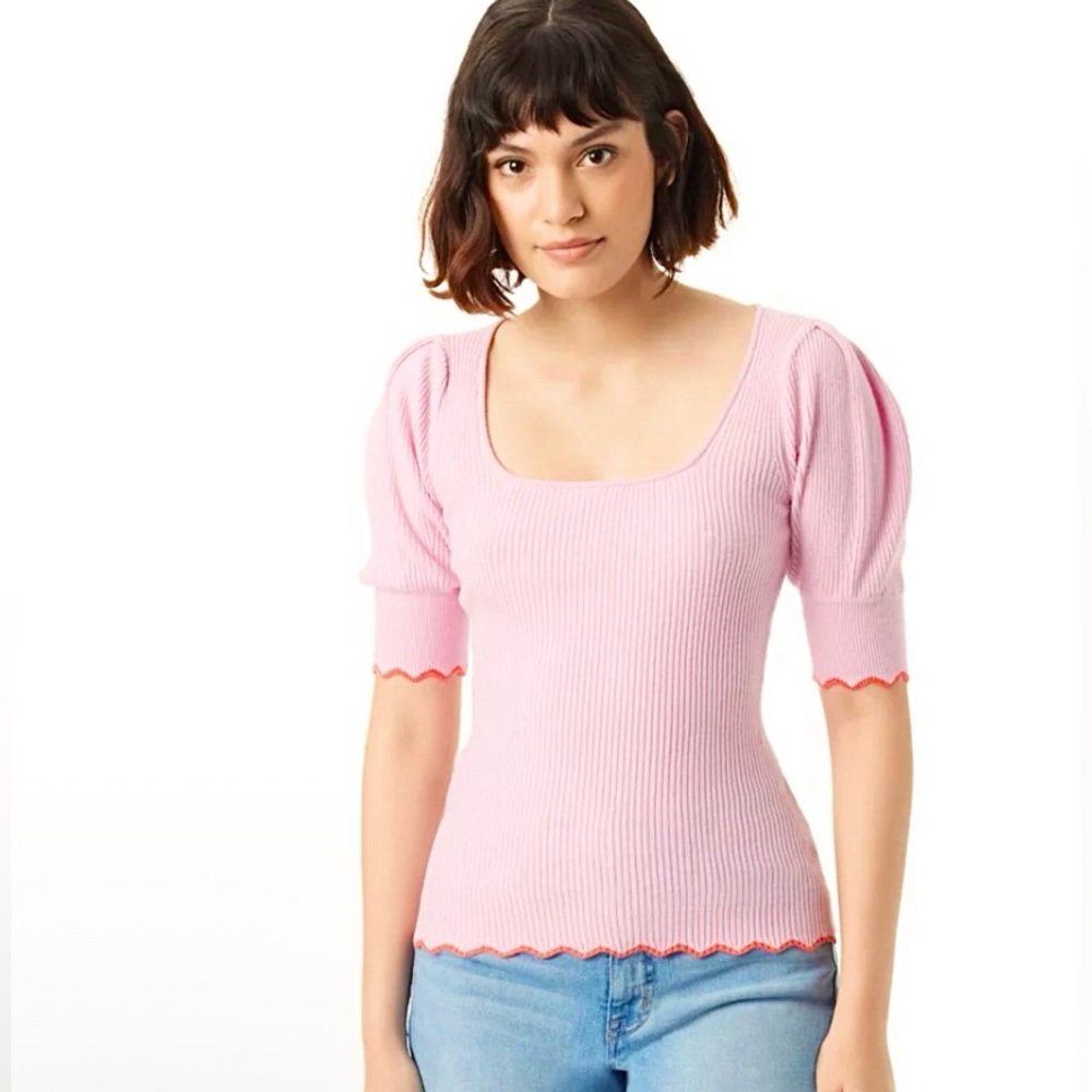Sam Edelman S Light Pink Adelia Cutout Knit Top Scallop Square Neck Preppy NWT